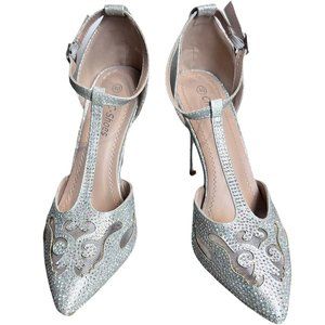 CHC-Shoes Silver Sparkly Rhinestone Glitter Diamond Heels Size 10